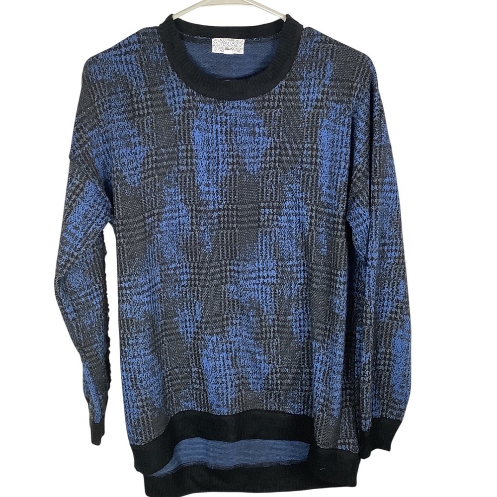 Lucca Couture Womens Blue Grey Abstract Plaid Crew Neck High Low Sweater Small